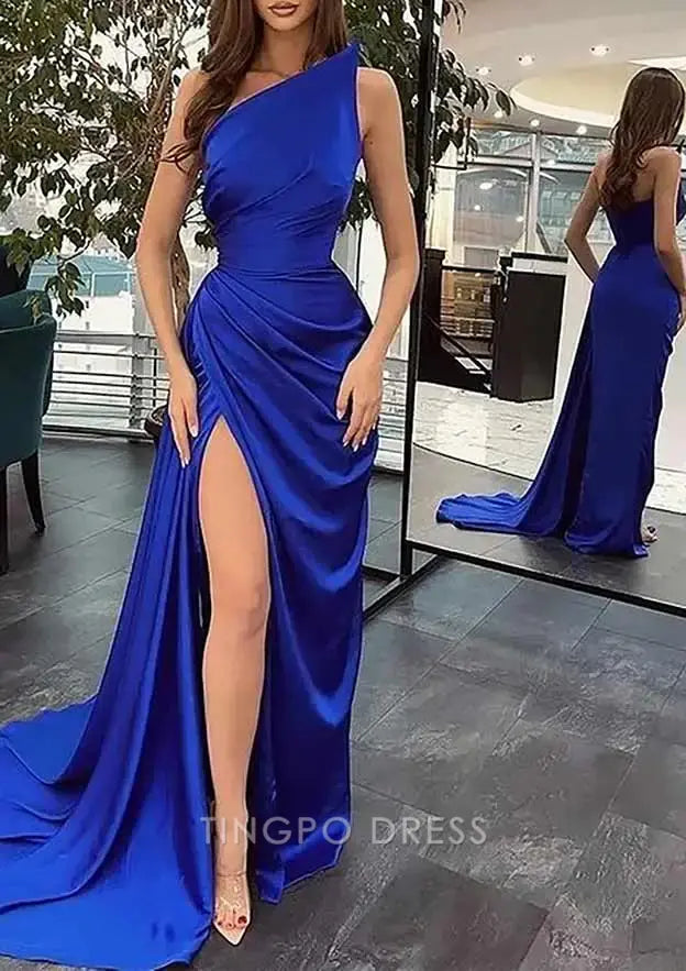 TingPo Wholesale Elegant Trumpet/Mermaid Sleeveless Court Train Silk like Satin Prom Dress with Ruffles Split